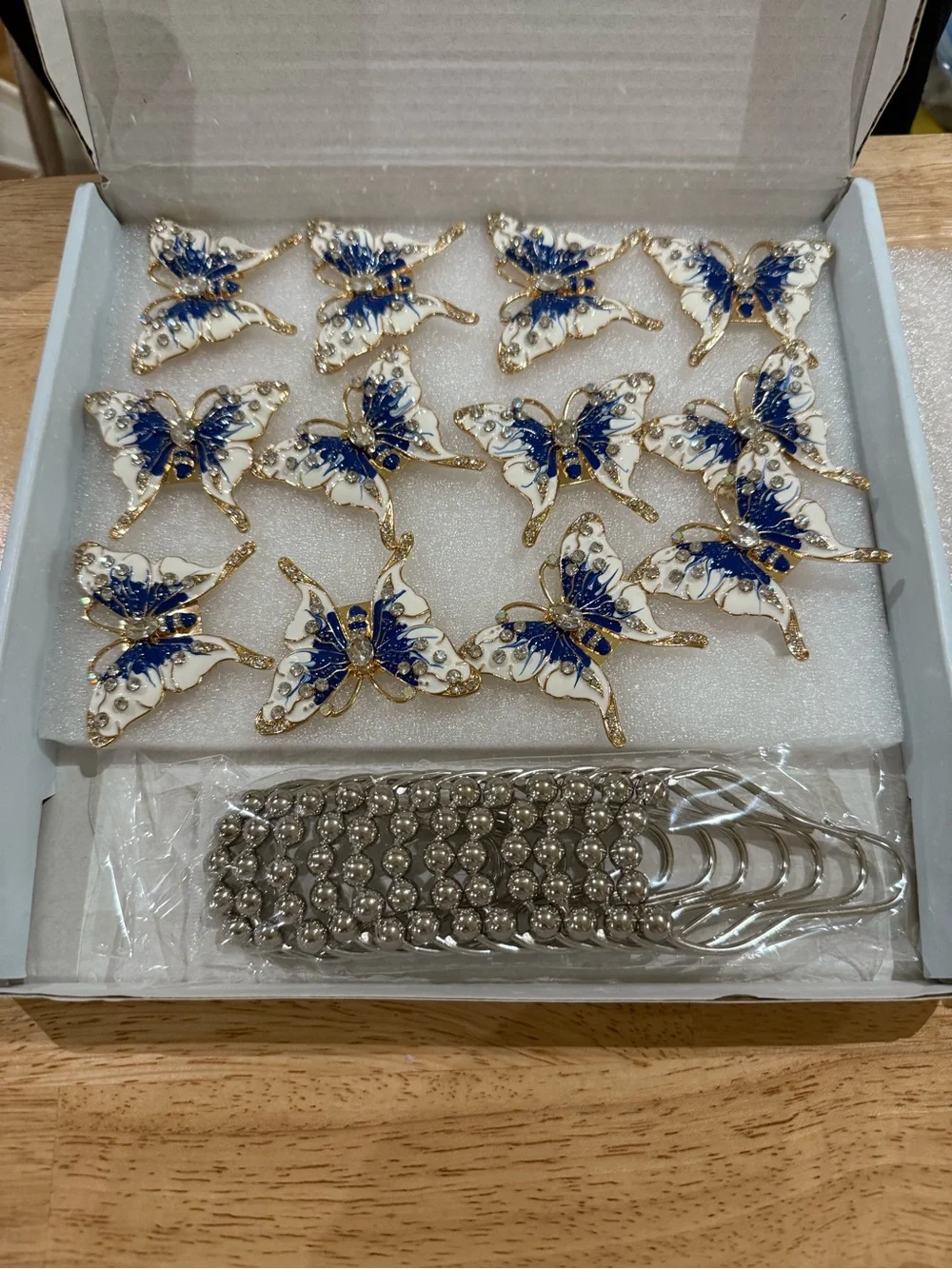 Butterfly Shower Curtain Hooks — Blue & White Decorative Set